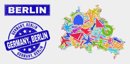 Mosaic industrial Berlin City map and Germany, Berlin stamp. Berlin City map collage composed with randomized colorful tools, hands, service icons. Blue round Germany, Berlin stamp with dirty texture.のイラスト素材