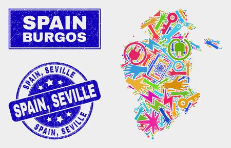 Mosaic tools Burgos Province map and Spain, Seville seal. Burgos Province map collage formed with randomized colored equipment, hands, service icons. Blue round Spain,のイラスト素材