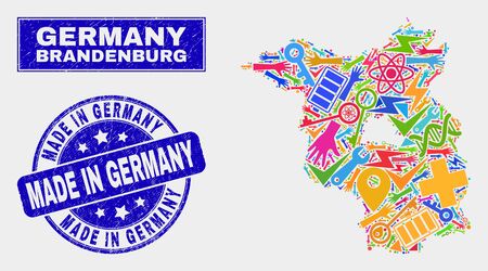 Mosaic service Brandenburg Land map and Made in Germany seal stamp. Brandenburg Land map collage made with random colored tools, palms, security icons.のイラスト素材