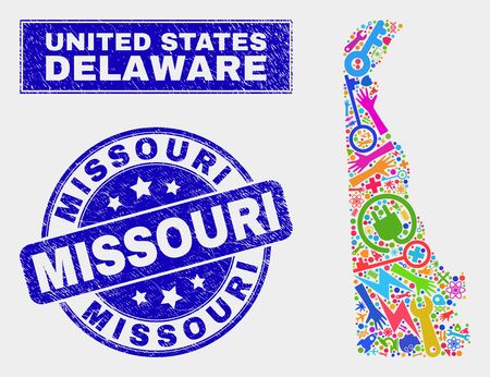 Mosaic tools Delaware State map and Missouri seal stamp. Delaware State map collage formed with scattered colored equipment, palms, service elements. Blue round Missouri seal stamp with dirty texture.のイラスト素材