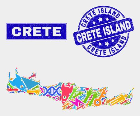 Mosaic technology Crete map and Crete Island seal. Crete map collage constructed with scattered colored equipment, hands, service elements. Blue round Crete Island seal stamp with distress texture.のイラスト素材