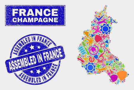 Mosaic service Champagne Province map and Assembled in France seal. Champagne Province map collage formed with scattered colored tools, hands, service icons.のイラスト素材
