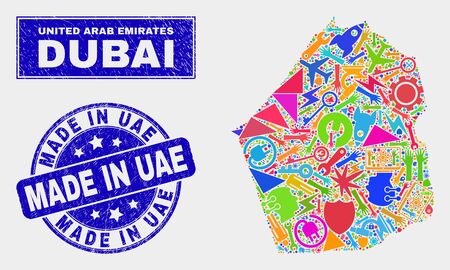 Mosaic service Dubai Emirate map and Made in Uae seal. Dubai Emirate map collage formed with randomized bright equipment, hands, service items. Blue rounded Made in Uae seal with unclean texture.のイラスト素材