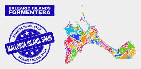 Mosaic service Formentera Island map and Mallorca Island, Spain seal stamp. Formentera Island map collage made with scattered bright equipment, palms, security symbols. Blue round Mallorca Island,のイラスト素材