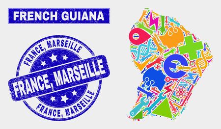 Mosaic tools French Guiana map and France, Marseille watermark. French Guiana map collage designed with randomized colored tools, palms, service elements. Blue rounded France,のイラスト素材