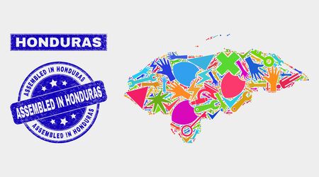 Mosaic industrial Honduras map and Assembled in Honduras stamp. Honduras map collage made with randomized colorful tools, palms, industrial symbols.のイラスト素材