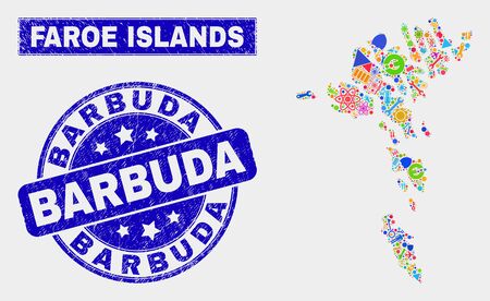 Mosaic service Faroe Islands map and Barbuda seal stamp. Faroe Islands map collage designed with randomized bright equipment, palms, production elements. Blue rounded Barbuda stamp with dirty texture.のイラスト素材