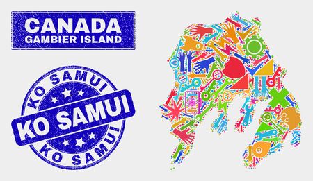 Mosaic tools Gambier Island map and Ko Samui seal stamp. Gambier Island map collage formed with random bright tools, palms, service elements. Blue round Ko Samui seal stamp with distress texture.のイラスト素材