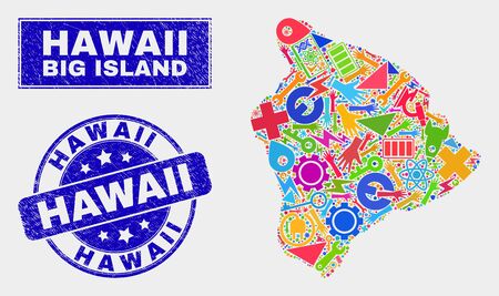 Mosaic tools Hawaii Big Island map and Hawaii seal. Hawaii Big Island map collage designed with random bright tools, palms, industry symbols. Blue rounded Hawaii watermark with distress texture.のイラスト素材
