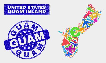 Mosaic technology Guam Island map and Guam seal stamp. Guam Island map collage constructed with scattered bright tools, hands, service icons. Blue round Guam seal stamp with unclean texture.のイラスト素材
