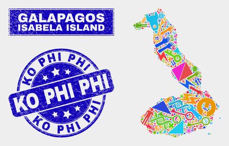 Mosaic industrial Isabela Island of Galapagos map and Ko Phi seal stamp. Isabela Island of Galapagos map collage formed with random bright tools, palms, service symbols.のイラスト素材