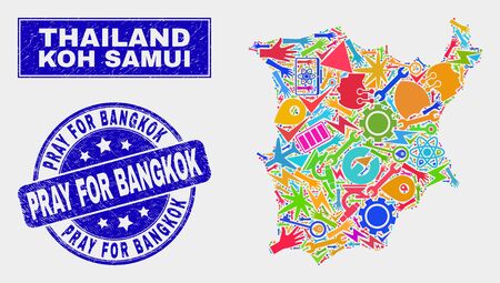 Mosaic technology Koh Samui map and Pray for Bangkok seal stamp. Koh Samui map collage constructed with randomized bright equipment, palms, production elements.のイラスト素材