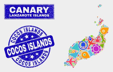 Mosaic industrial Lanzarote Islands map and Cocos Islands seal stamp. Lanzarote Islands map collage made with random colored tools, hands, security icons.のイラスト素材