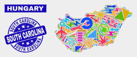 Mosaic industrial Hungary map and South Carolina seal. Hungary map collage designed with randomized colored tools, palms, industrial symbols. Blue rounded South Carolina seal with scratched texture.のイラスト素材