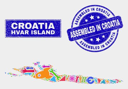 Mosaic service Hvar Island map and Assembled in Croatia stamp. Hvar Island map collage constructed with randomized colorful tools, hands, service elements.のイラスト素材
