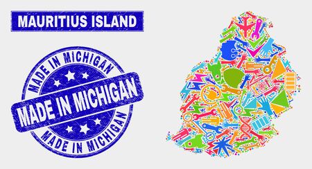 Mosaic tools Mauritius Island map and Made in Michigan seal stamp. Mauritius Island map collage designed with scattered colored tools, palms, production items.のイラスト素材