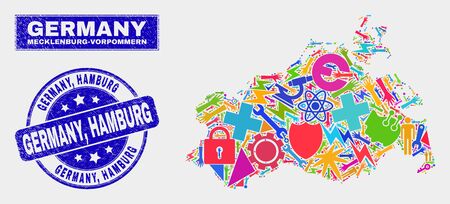 Mosaic industrial Mecklenburg-Vorpommern Land map and Germany, Hamburg seal stamp. Mecklenburg-Vorpommern Land map collage constructed with randomized colorful tools, hands, production icons.のイラスト素材