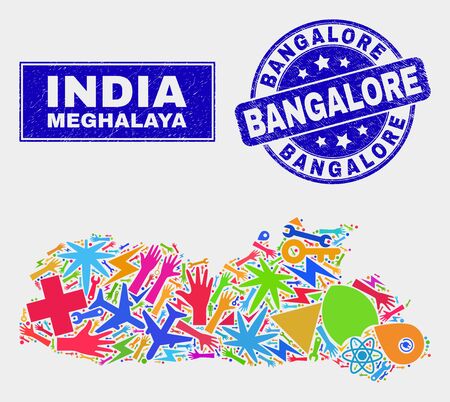 Mosaic industrial Meghalaya State map and Bangalore seal stamp. Meghalaya State map collage made with scattered colorful equipment, palms, industrial symbols.のイラスト素材