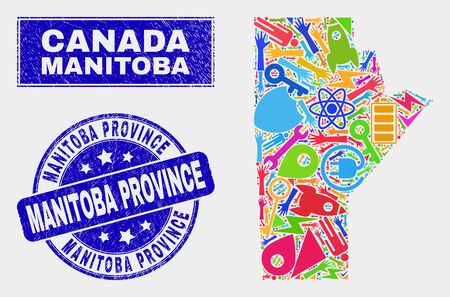 Mosaic technology Manitoba Province map and Manitoba Province seal stamp. Manitoba Province map collage formed with random colored tools, palms, industrial symbols.のイラスト素材