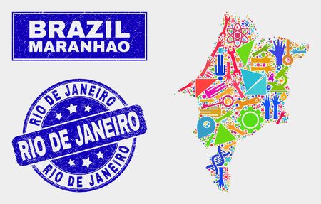 Mosaic service Maranhao State map and Rio De Janeiro seal stamp. Maranhao State map collage formed with scattered bright equipment, hands, production icons.のイラスト素材