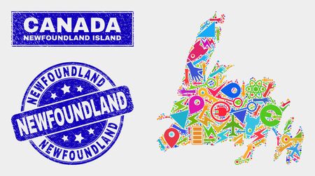 Mosaic service Newfoundland Island map and Newfoundland seal stamp. Newfoundland Island map collage designed with random colorful tools, palms, service elements.のイラスト素材