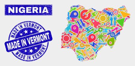 Mosaic tools Nigeria map and Made in Vermont seal stamp. Nigeria map collage composed with scattered bright equipment, hands, industry items.のイラスト素材