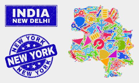 Mosaic service New Delhi City map and New York seal stamp. New Delhi City map collage constructed with randomized bright equipment, hands, industry items.のイラスト素材