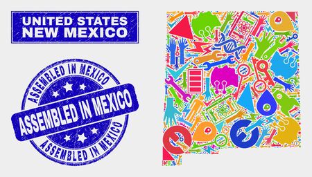 Mosaic industrial New Mexico State map and Assembled in Mexico seal stamp. New Mexico State map collage formed with scattered colorful tools, hands, industrial elements.のイラスト素材