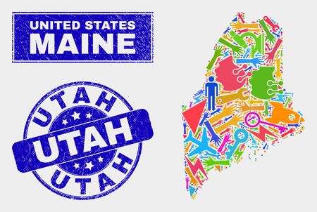 Mosaic technology Maine State map and Utah seal stamp. Maine State map collage designed with randomized bright equipment, hands, service elements. Blue rounded Utah seal with scratched texture.のイラスト素材