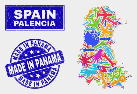 Mosaic service Palencia Province map and Made in Panama seal. Palencia Province map collage created with random colored tools, hands, industrial symbols.のイラスト素材