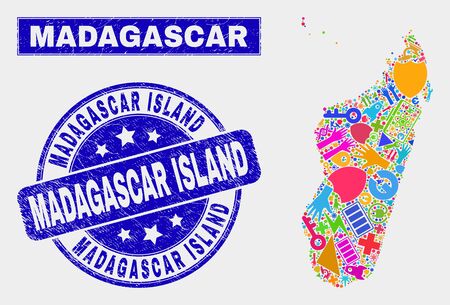 Mosaic tools Madagascar Island map and Madagascar Island seal stamp. Madagascar Island map collage created with scattered colorful tools, palms, industry icons.のイラスト素材