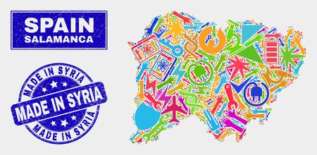 Mosaic service Salamanca Province map and Made in Syria seal stamp. Salamanca Province map collage formed with randomized bright equipment, palms, production icons.のイラスト素材
