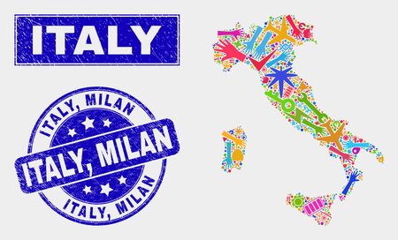 Mosaic service Italy map and Italy, Milan stamp. Italy map collage made with random colored tools, hands, security elements. Blue rounded Italy, Milan seal stamp with distress texture.のイラスト素材