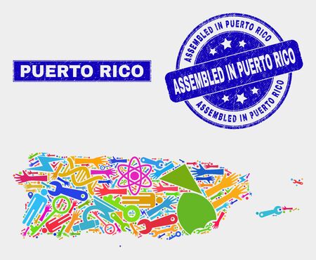 Mosaic industrial Puerto Rico map and Assembled in Puerto Rico seal stamp. Puerto Rico map collage created with randomized bright equipment, hands, service icons.のイラスト素材