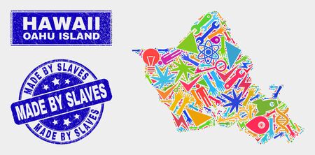 Mosaic service Oahu Island map and Made by Slaves seal stamp. Oahu Island map collage designed with random colorful equipment, hands, industrial icons.のイラスト素材