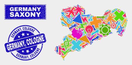 Mosaic tools Saxony Land map and Germany, Cologne seal stamp. Saxony Land map collage created with random colorful tools, hands, service symbols. Blue rounded Germany,のイラスト素材