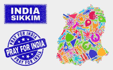 Mosaic service Sikkim State map and Pray for India seal. Sikkim State map collage designed with random bright tools, palms, security icons. Blue round Pray for India seal with scratched texture.のイラスト素材