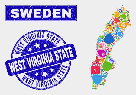Mosaic service Sweden map and West Virginia State seal stamp. Sweden map collage constructed with randomized colored equipment, palms, production elements.のイラスト素材