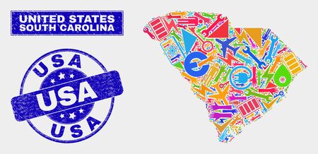 Mosaic tools South Carolina State map and USA seal. South Carolina State map collage designed with scattered bright tools, palms, service icons. Blue rounded USA seal with unclean texture.のイラスト素材