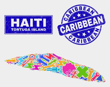 Mosaic tools Tortuga Island of Haiti map and Caribbean seal. Tortuga Island of Haiti map collage designed with randomized bright tools, hands, service elements.のイラスト素材