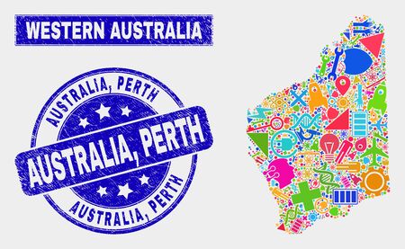 Mosaic service Western Australia map and Australia, Perth stamp. Western Australia map collage designed with randomized colored equipment, hands, industry items. Blue rounded Australia,のイラスト素材