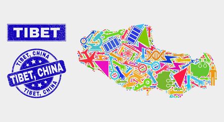 Mosaic service Tibet map and Tibet, China seal. Tibet map collage made with random bright equipment, hands, security items. Blue rounded Tibet, China seal stamp with unclean texture.のイラスト素材