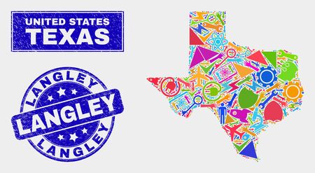 Mosaic tools Texas State map and Langley seal. Texas State map collage formed with randomized bright tools, palms, security symbols. Blue rounded Langley seal with scratched texture.のイラスト素材