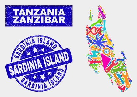 Mosaic tools Zanzibar Island map and Sardinia Island seal. Zanzibar Island map collage formed with random bright tools, palms, service items. Blue round Sardinia Island seal with unclean texture.のイラスト素材