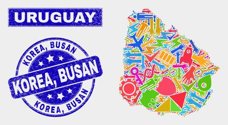 Mosaic tools Uruguay map and Korea, Busan seal stamp. Uruguay map collage formed with randomized bright equipment, palms, service items. Blue round Korea, Busan stamp with unclean texture.のイラスト素材