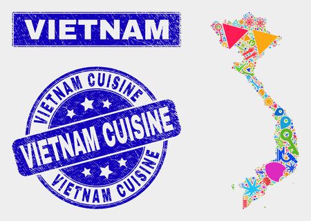 Mosaic industrial Vietnam map and Vietnam Cuisine seal stamp. Vietnam map collage created with scattered colorful tools, palms, industrial symbols.のイラスト素材