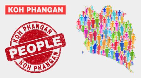 Demographic Koh Phangan map abstraction. People color mosaic Koh Phangan map of guys, and red rounded rubber stamp. Vector composition for national mass presentation.のイラスト素材