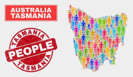 Demographic Tasmania Island map abstraction. People bright mosaic Tasmania Island map of humans, and red rounded dirty stamp seal. Vector collage for national mass plan.のイラスト素材