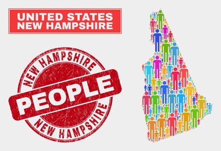Demographic New Hampshire State map abstraction. People colorful mosaic New Hampshire State map of crowd, and red round scratched seal. Vector composition for national group plan.のイラスト素材
