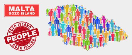 Demographic Gozo Island map illustration. People color mosaic Gozo Island map of persons, and red round corroded watermark. Vector composition for national mass report.のイラスト素材